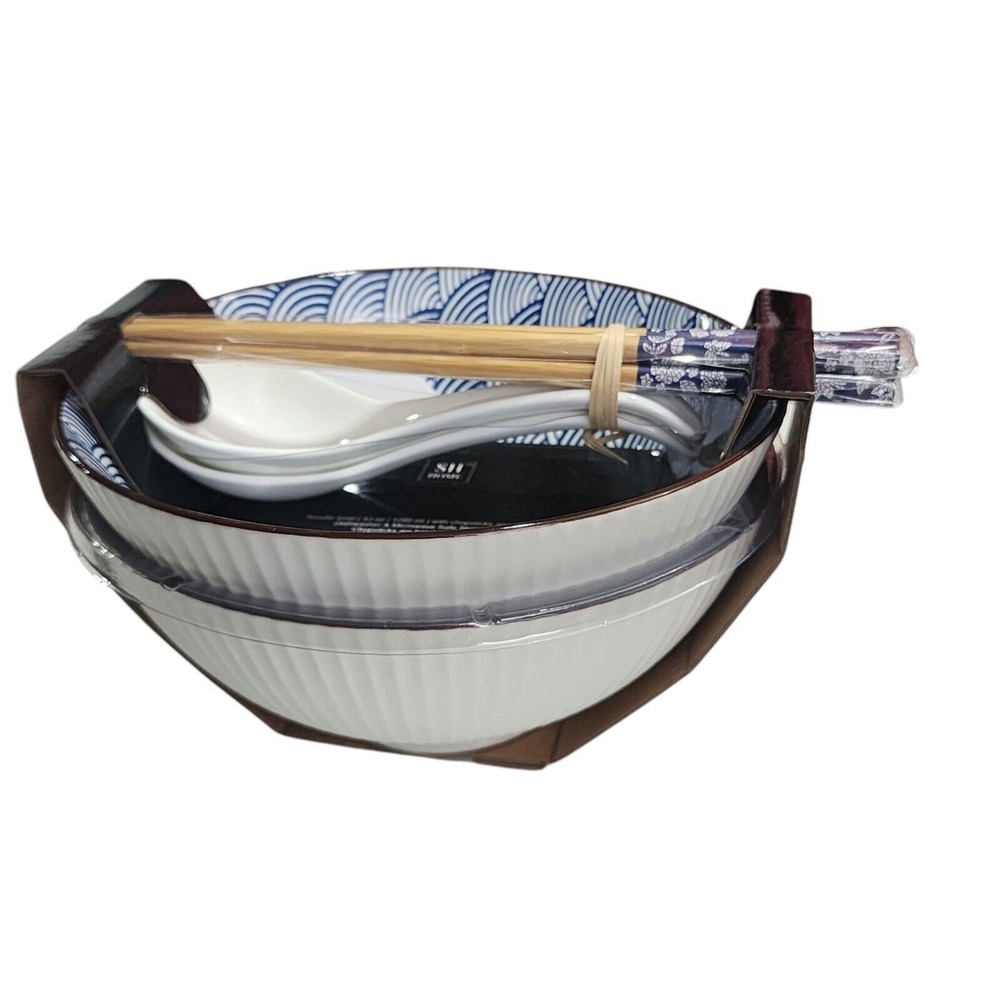 SH Home Ceramic Ramen Noodle Bowls Set of 2 Chopsticks Spoons Blue Japanese Wave